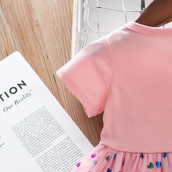 3T Girls Pink Blue Rainbow Unicorn Party Baby Dresses with Shiny Rainbow Hearts - Picture 8 of 8